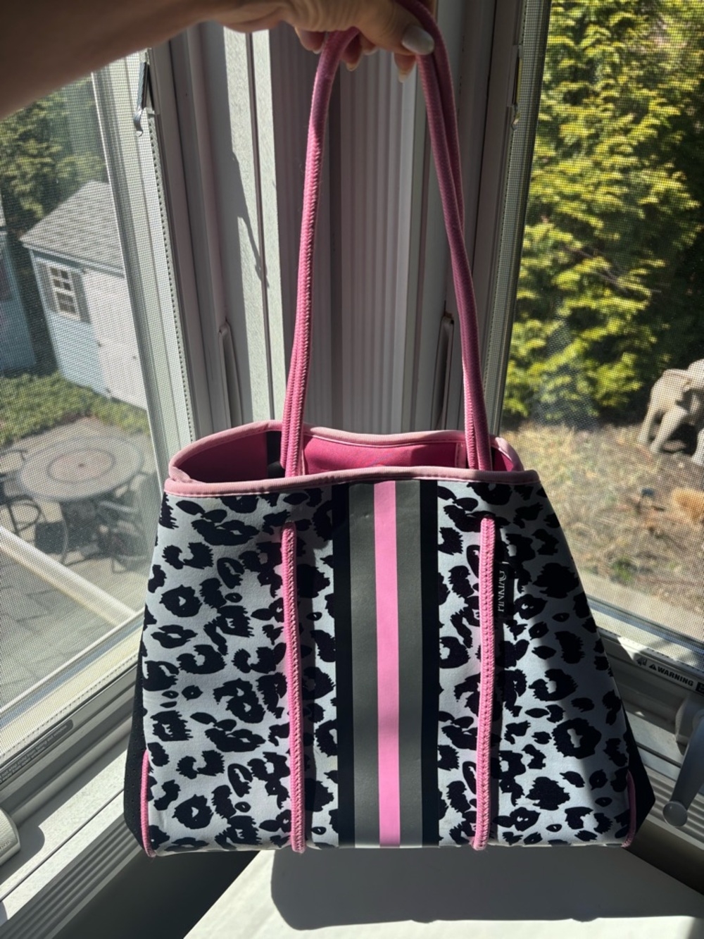 Pink Trim Leopard-Print Tote Bag with Center Stripe